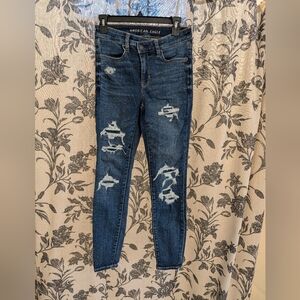 American Eagle Dark Wash Distressed High Rise Jegging Stretch Jeans - Size 2